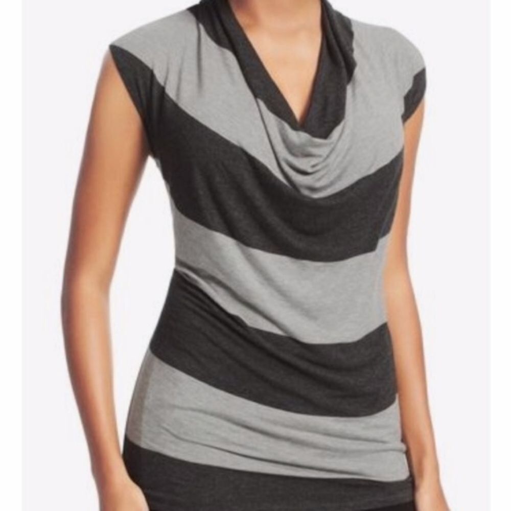 CAbi #620 Cowl Neck Gray and Black Striped Top XS